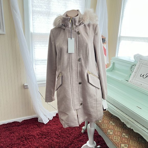 Cole Haan Faux Fur Trimmed Hooded Coat sz 8 NWT - Picture 9 of 11